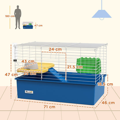 Pawhut Small Animal Cage, Rabbit Guinea Pig Hutch, Pet Playhouse, Blue