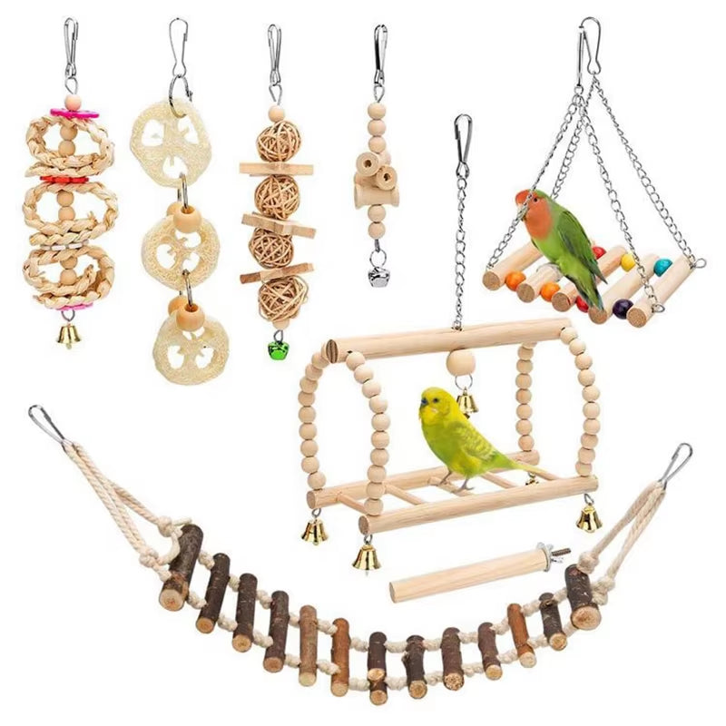 8PCS Set Combination Parrot Bird Toys Wood Articles Bite Pet Bird Toys for Parrot Training Bird Toy Swing Ball Bell Standing