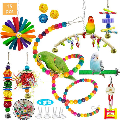 15 Pcs Bird Cage Toys for Parrots Wood Training Swing Suspension Bridge Ball Cage Bells Chewing Climbing Toy Bird Accessories