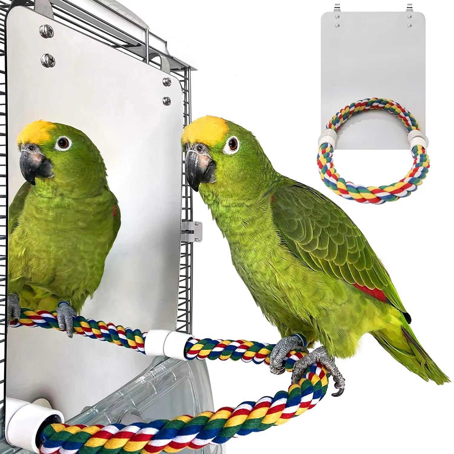 Bird Mirror with Perch Cage Swing Toy Macaws Finches Small Parakeet Rope Stand for Parrot Pet Supplies