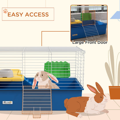 Pawhut Small Animal Cage, Rabbit Guinea Pig Hutch, Pet Playhouse, Blue