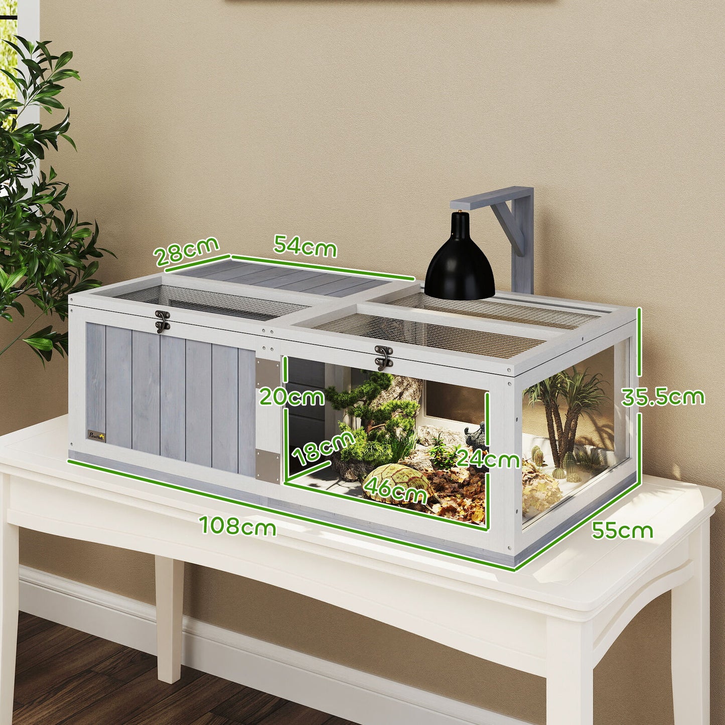 Wooden Tortoise House, 2-Room Tortoise Enclosure with Lamp Holder, Light Grey