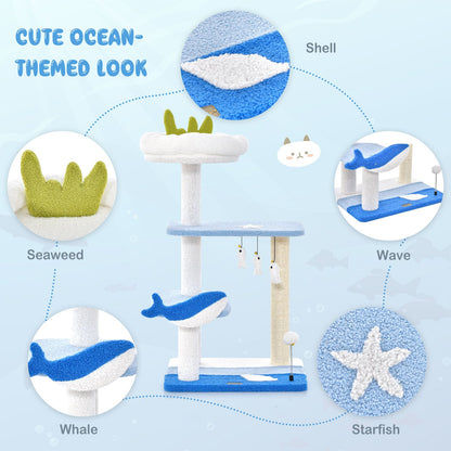 Ocean-Themed Cat Tree with Scratching Posts and Hanging Toys