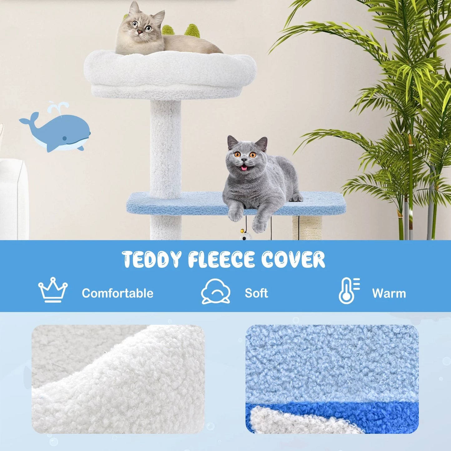 Ocean-Themed Cat Tree with Scratching Posts and Hanging Toys