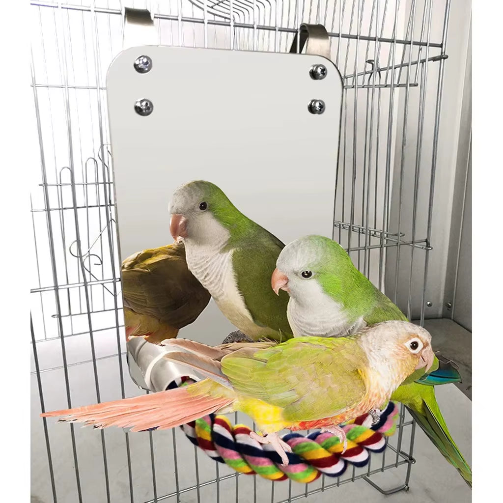 Bird Mirror with Perch Cage Swing Toy Macaws Finches Small Parakeet Rope Stand for Parrot Pet Supplies