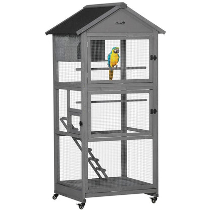 Bird Cage, Wooden Rolling Bird Aviary with Wheel, Perch, Nest, Ladder, Tray