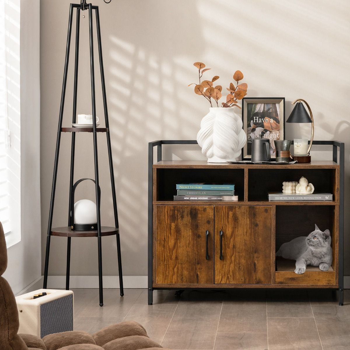 Wooden Cat Litter Box Enclosure with Compartments and Scratching Board