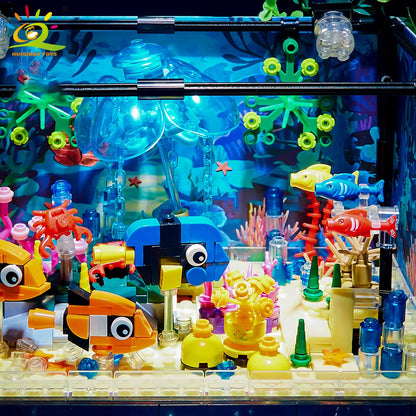 HUIQIBAO MOC Fishbowl Aquarium Building Blocks Sea Turtle Fish Tank with Light Bricks City Construction Toys for Children Kids