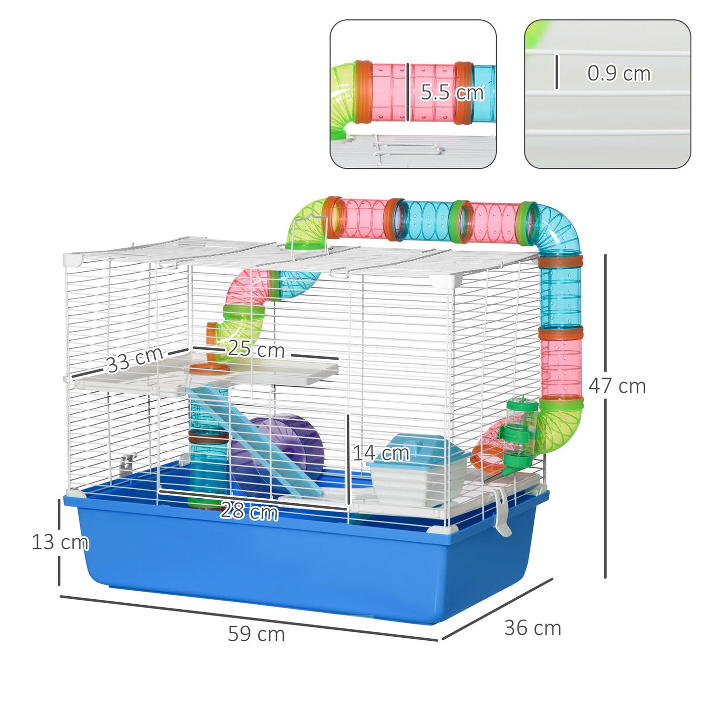 Hamster Cage Rodents House W/ Tubes Exercise Wheel, Water Bottle - Blue