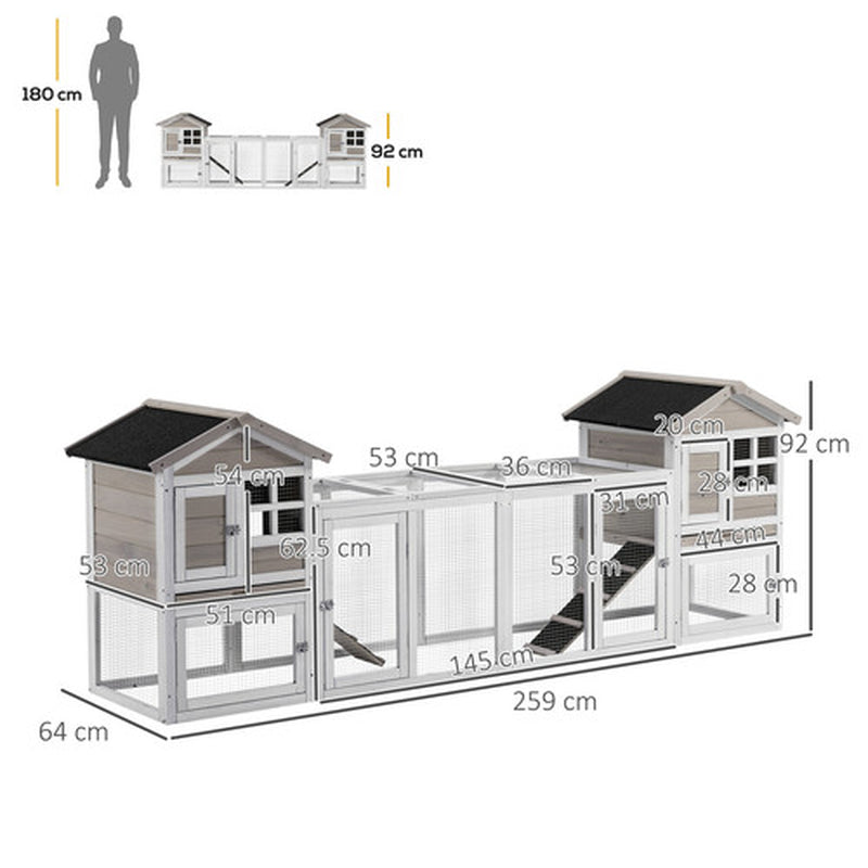 Pawhut 2-In-1 Rabbit Hutch W/ Double House, Run Box, Slide-Out Tray, Ramp