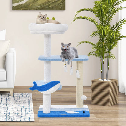 Ocean-Themed Cat Tree with Scratching Posts and Hanging Toys