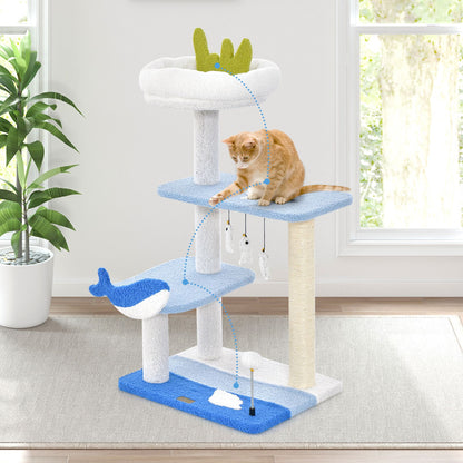 Ocean-Themed Cat Tree with Scratching Posts and Hanging Toys