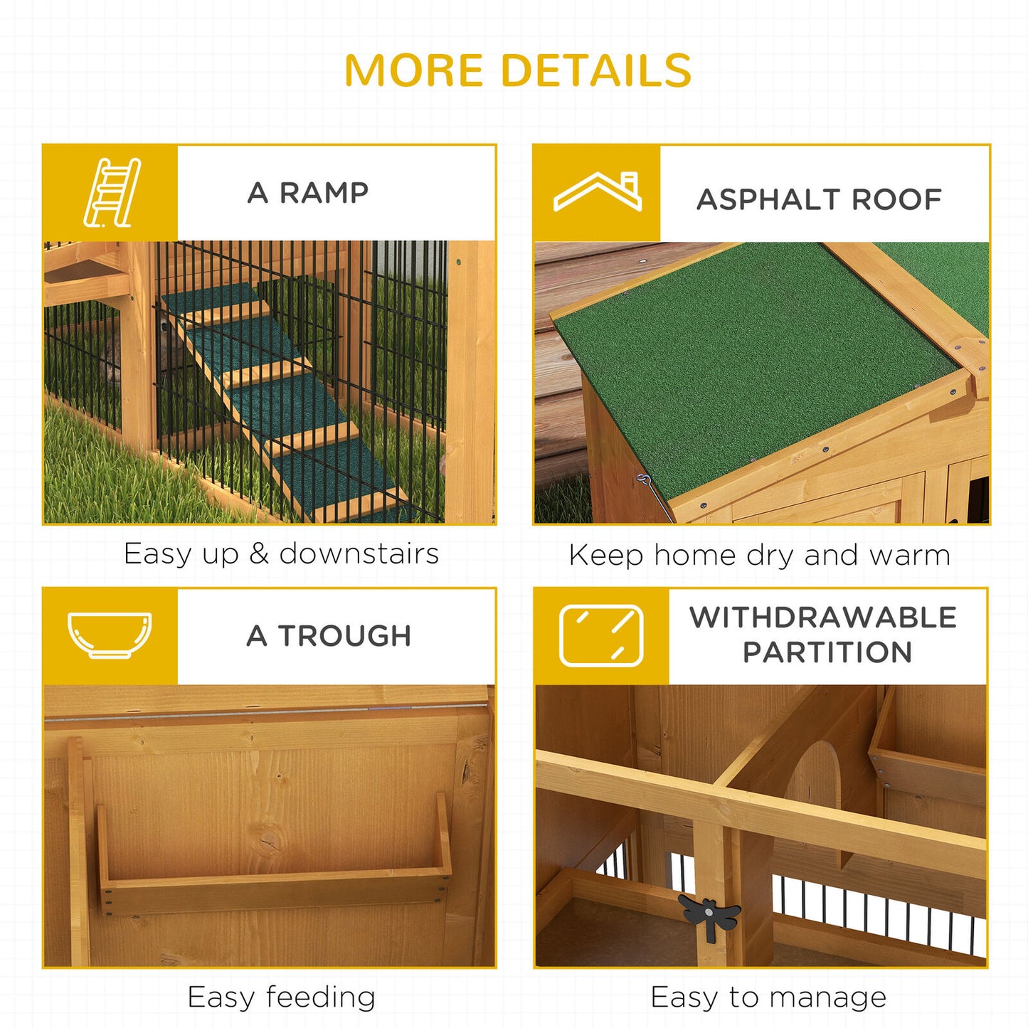 Pawhut Wooden Rabbit Hutch with Run, Asphalt Roof, Pull-Out Tray, Ramp, Yellow