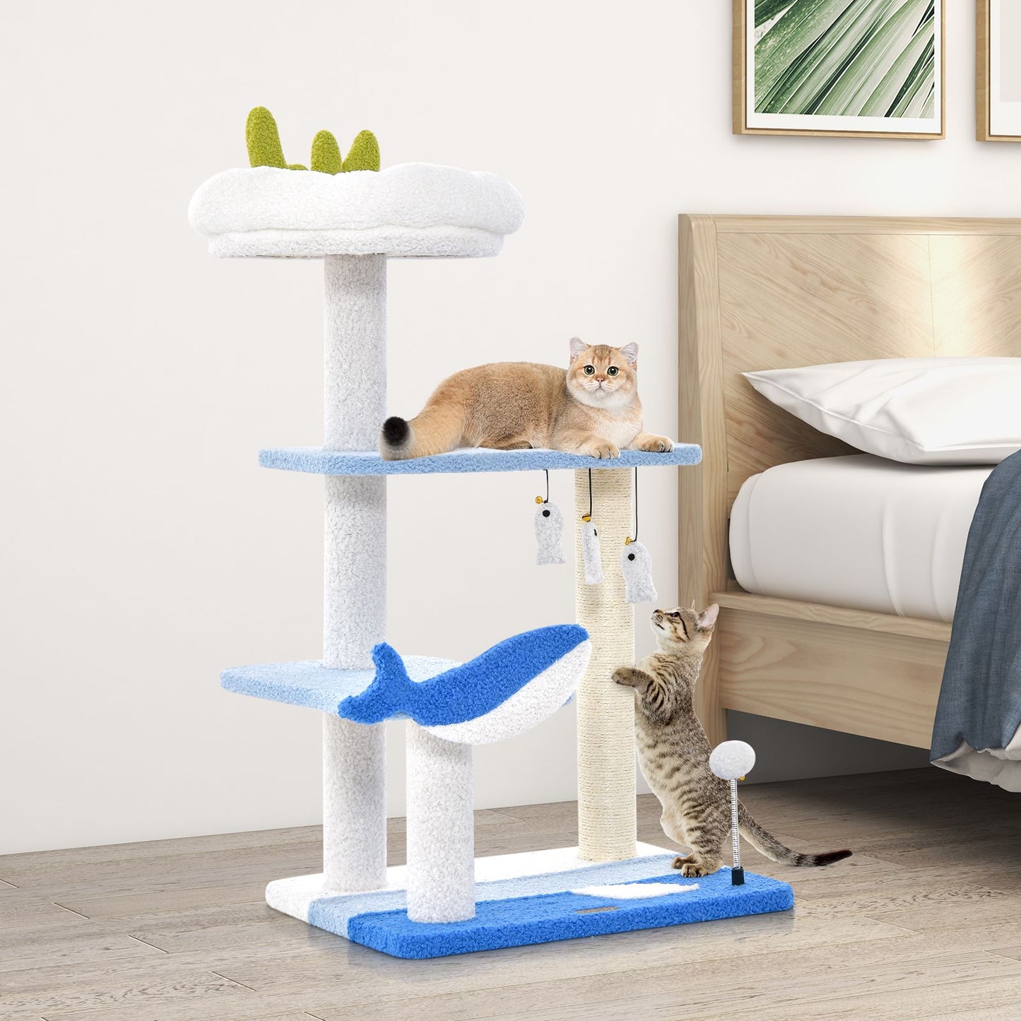 Ocean-Themed Cat Tree with Scratching Posts and Hanging Toys