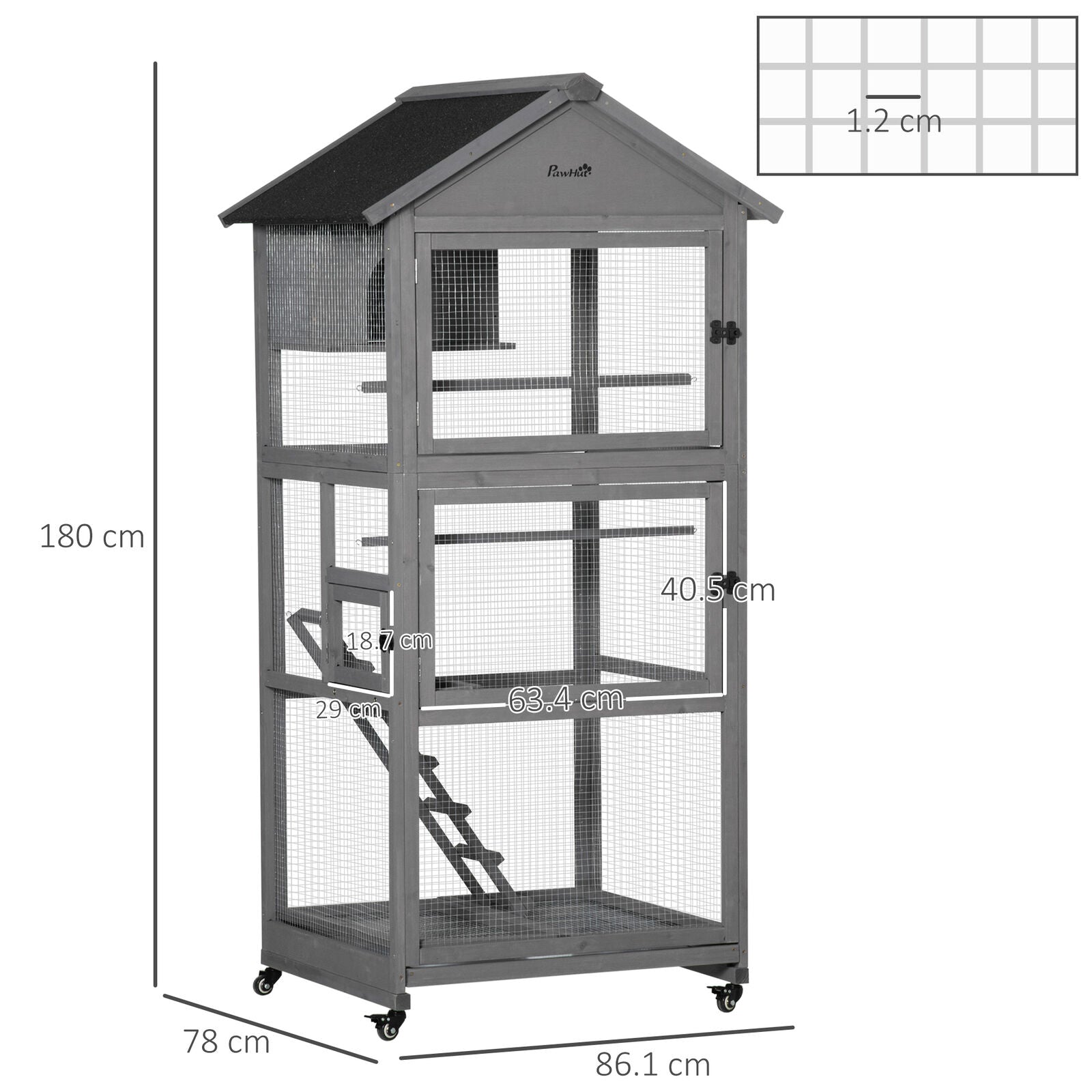 Bird Cage, Wooden Rolling Bird Aviary with Wheel, Perch, Nest, Ladder, Tray