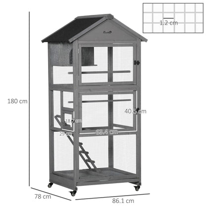 Bird Cage, Wooden Rolling Bird Aviary with Wheel, Perch, Nest, Ladder, Tray