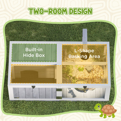 Wooden Tortoise House, 2-Room Tortoise Enclosure with Lamp Holder, Light Grey