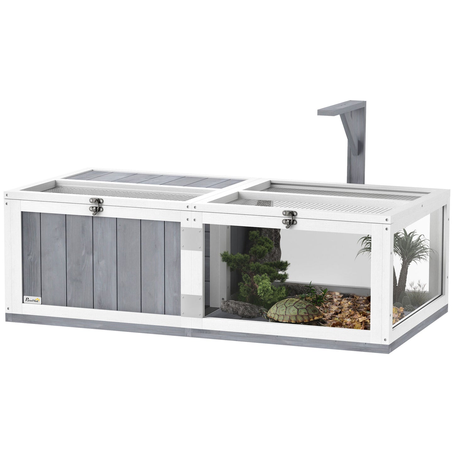 Wooden Tortoise House, 2-Room Tortoise Enclosure with Lamp Holder, Light Grey