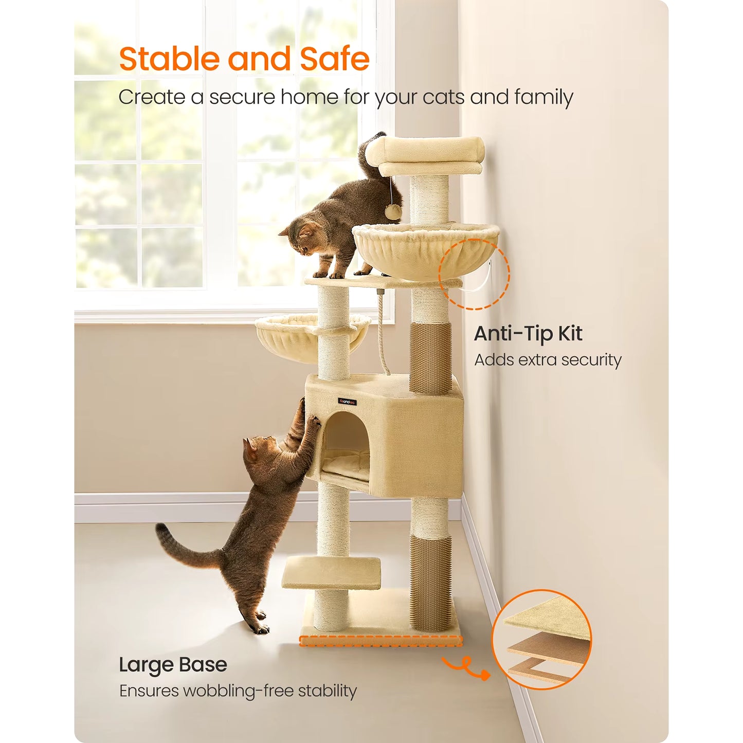 Cat Tree for Large Cats, Heavy-Duty Cat Tower with Self-Warming Pads, 9 Scratching Posts, Large Perch