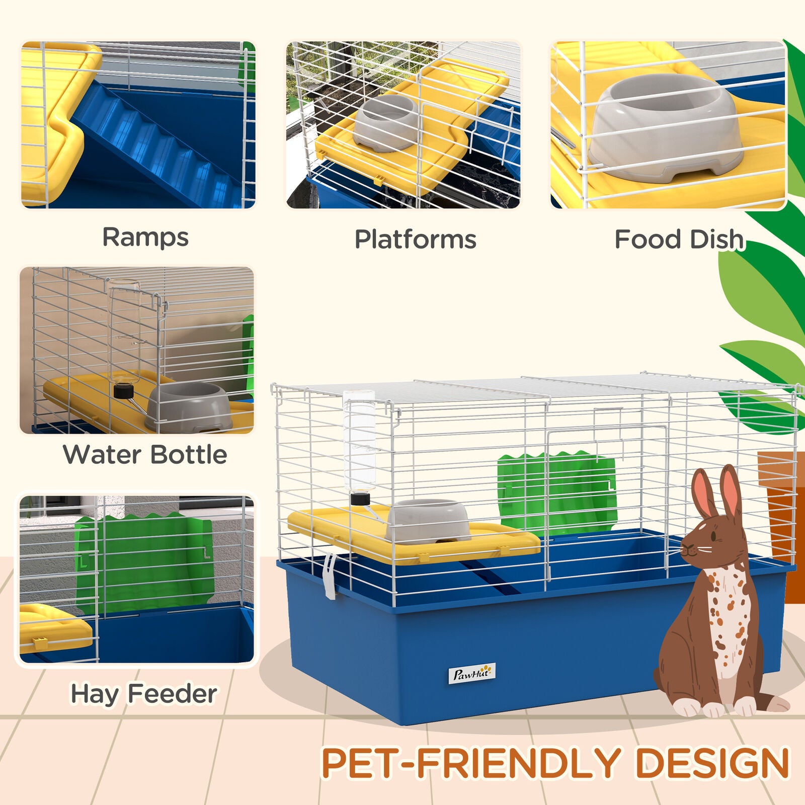 Pawhut Small Animal Cage, Rabbit Guinea Pig Hutch, Pet Playhouse, Blue