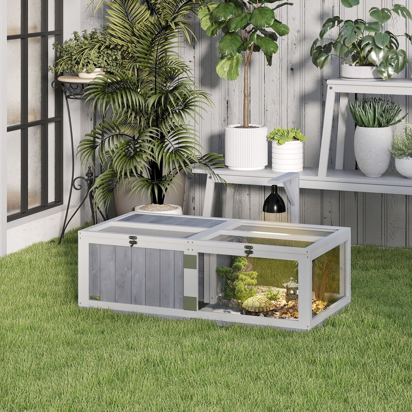 Wooden Tortoise House, 2-Room Tortoise Enclosure with Lamp Holder, Light Grey