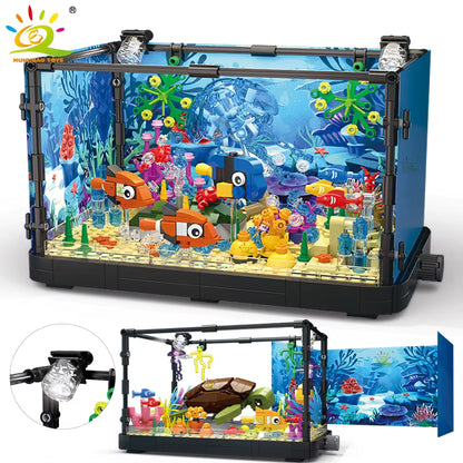 HUIQIBAO MOC Fishbowl Aquarium Building Blocks Sea Turtle Fish Tank with Light Bricks City Construction Toys for Children Kids