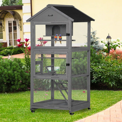 Bird Cage, Wooden Rolling Bird Aviary with Wheel, Perch, Nest, Ladder, Tray