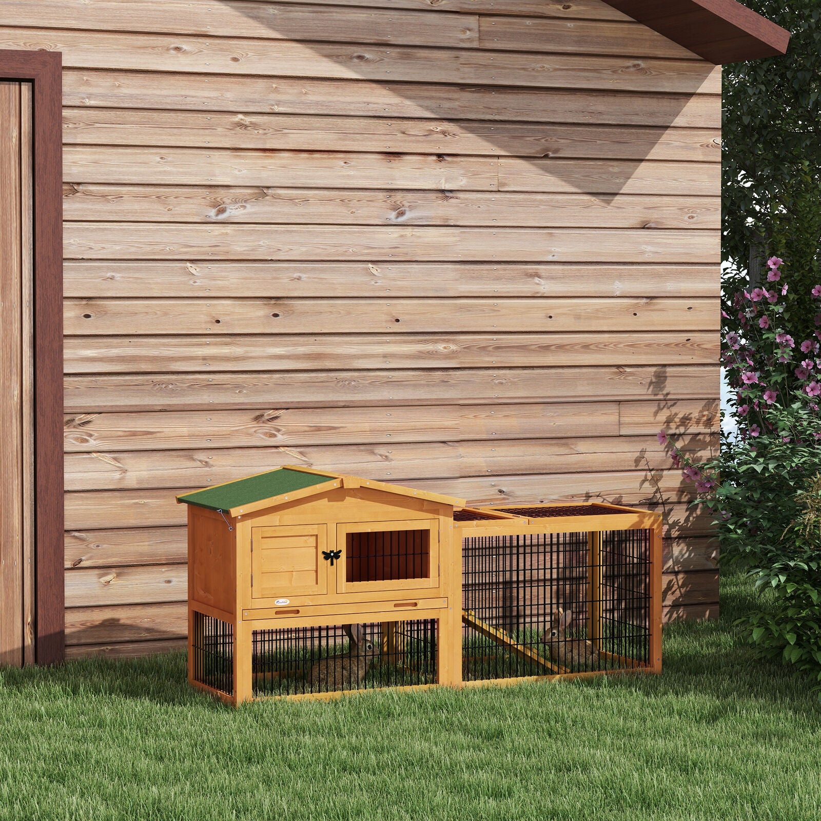 Pawhut Wooden Rabbit Hutch with Run, Asphalt Roof, Pull-Out Tray, Ramp, Yellow