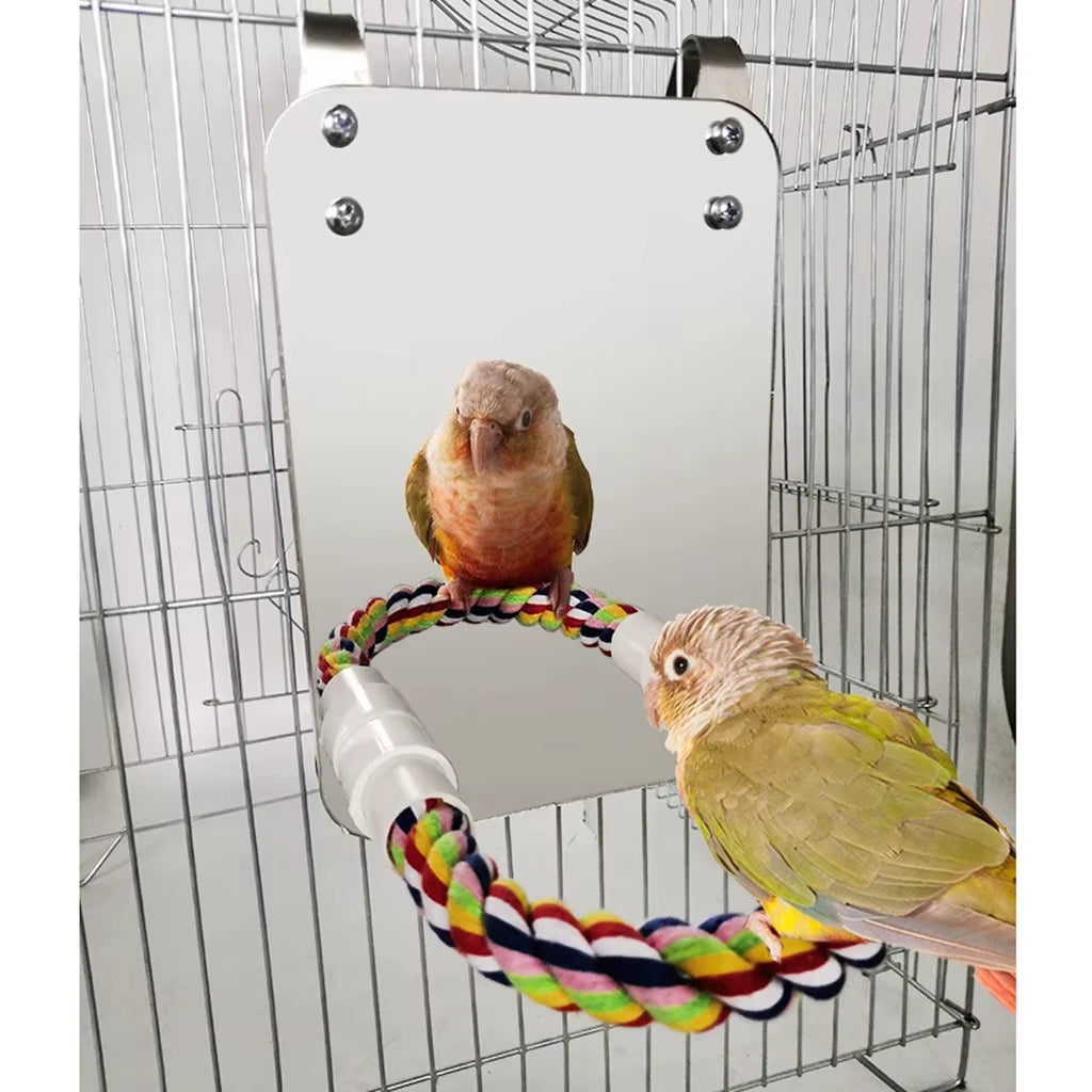 Bird Mirror with Perch Cage Swing Toy Macaws Finches Small Parakeet Rope Stand for Parrot Pet Supplies