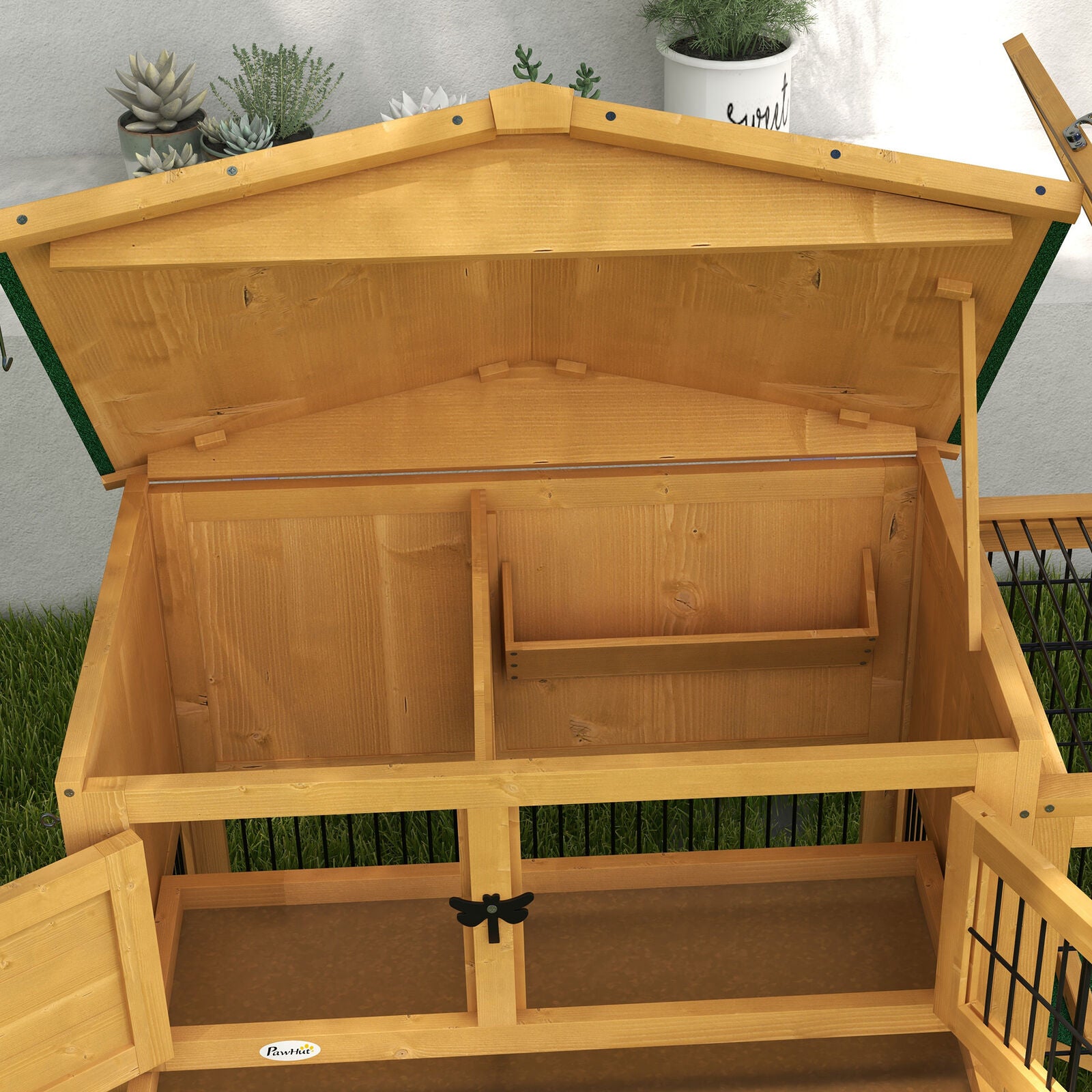 Pawhut Wooden Rabbit Hutch with Run, Asphalt Roof, Pull-Out Tray, Ramp, Yellow