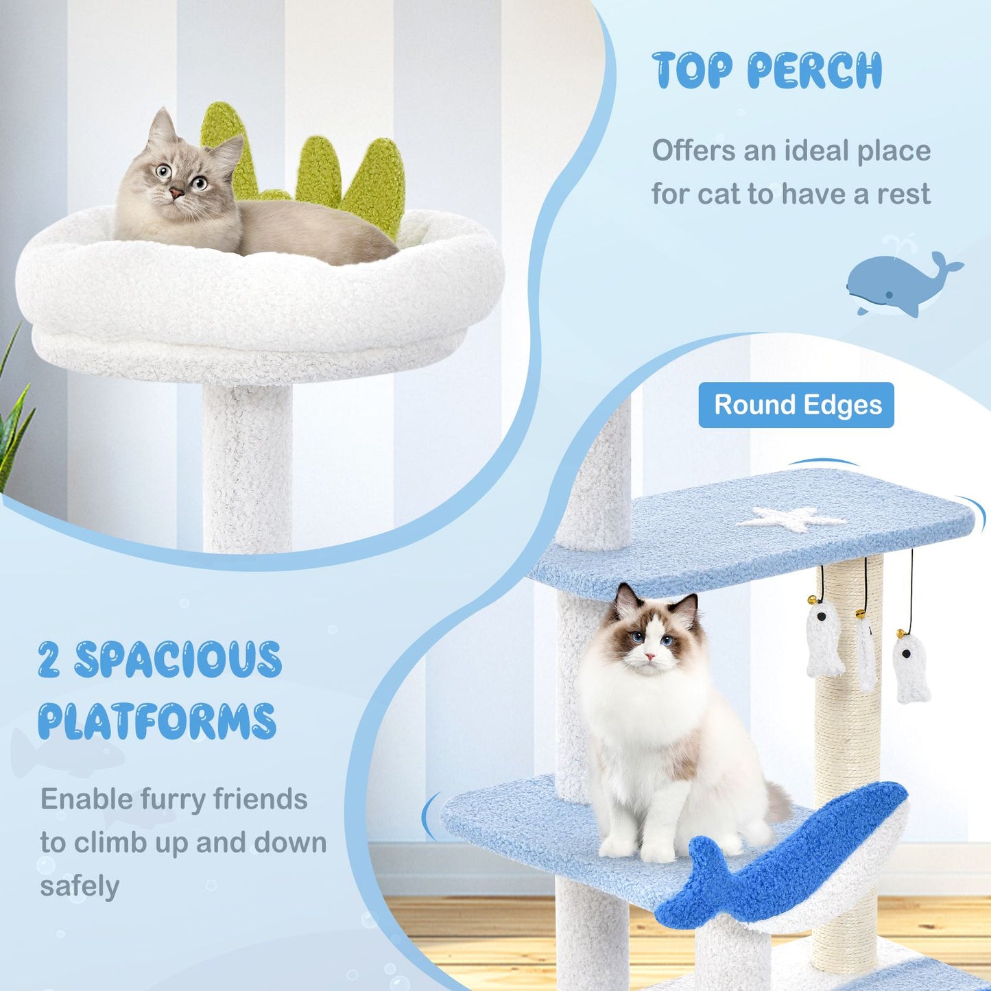 Ocean-Themed Cat Tree with Scratching Posts and Hanging Toys