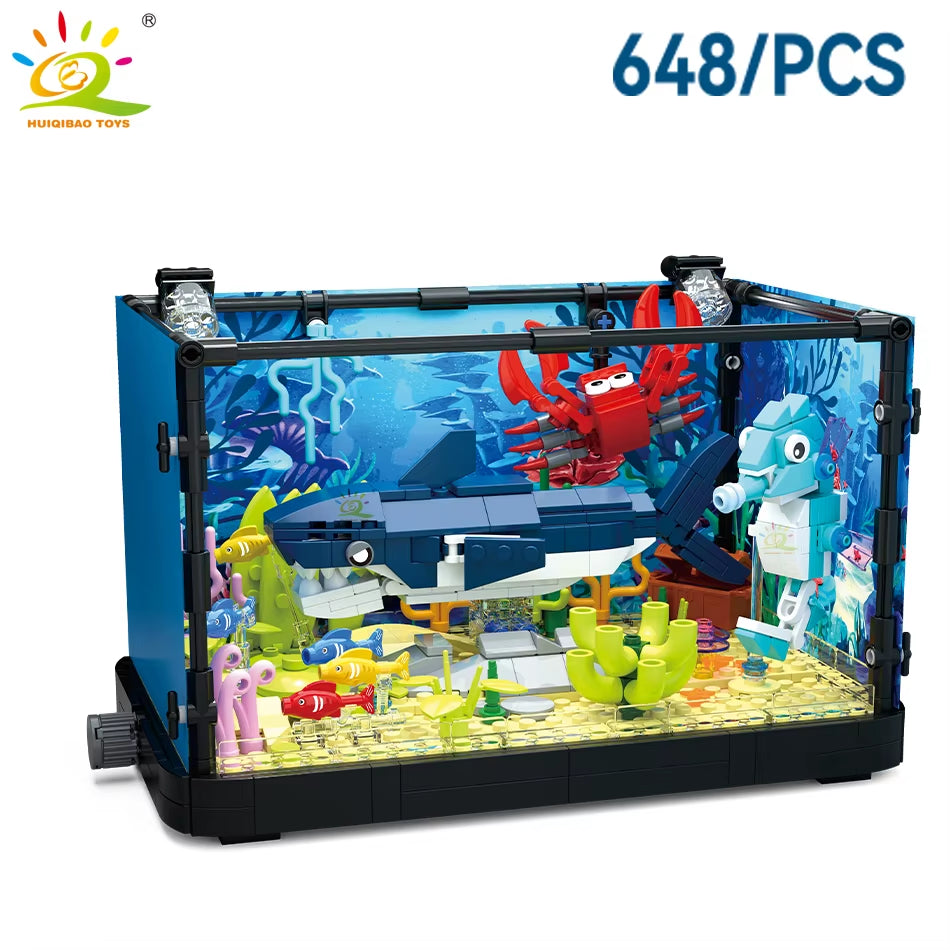 HUIQIBAO MOC Fishbowl Aquarium Building Blocks Sea Turtle Fish Tank with Light Bricks City Construction Toys for Children Kids