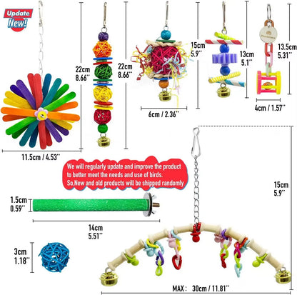 15 Pcs Bird Cage Toys for Parrots Wood Training Swing Suspension Bridge Ball Cage Bells Chewing Climbing Toy Bird Accessories