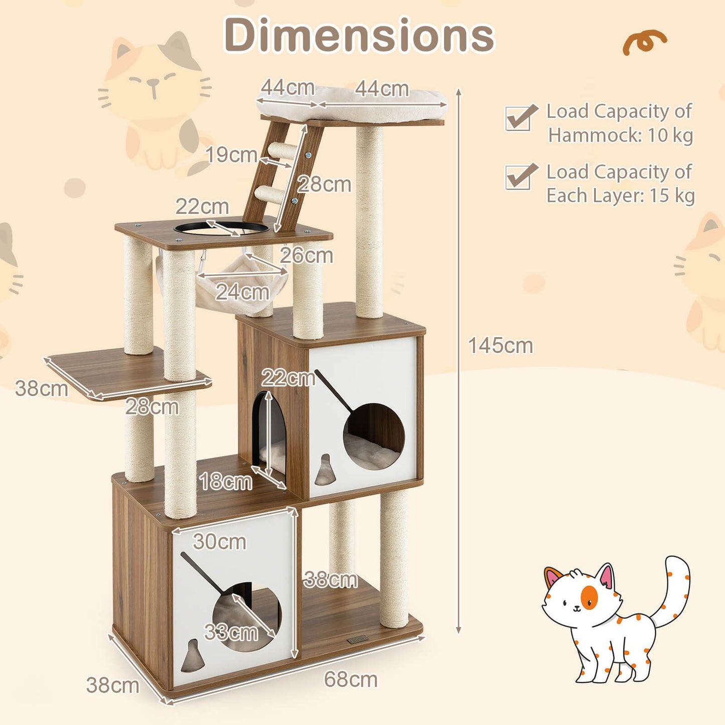 145Cm Cat Tree Tower Multi-Level with Scratching Posts and 2 Condos