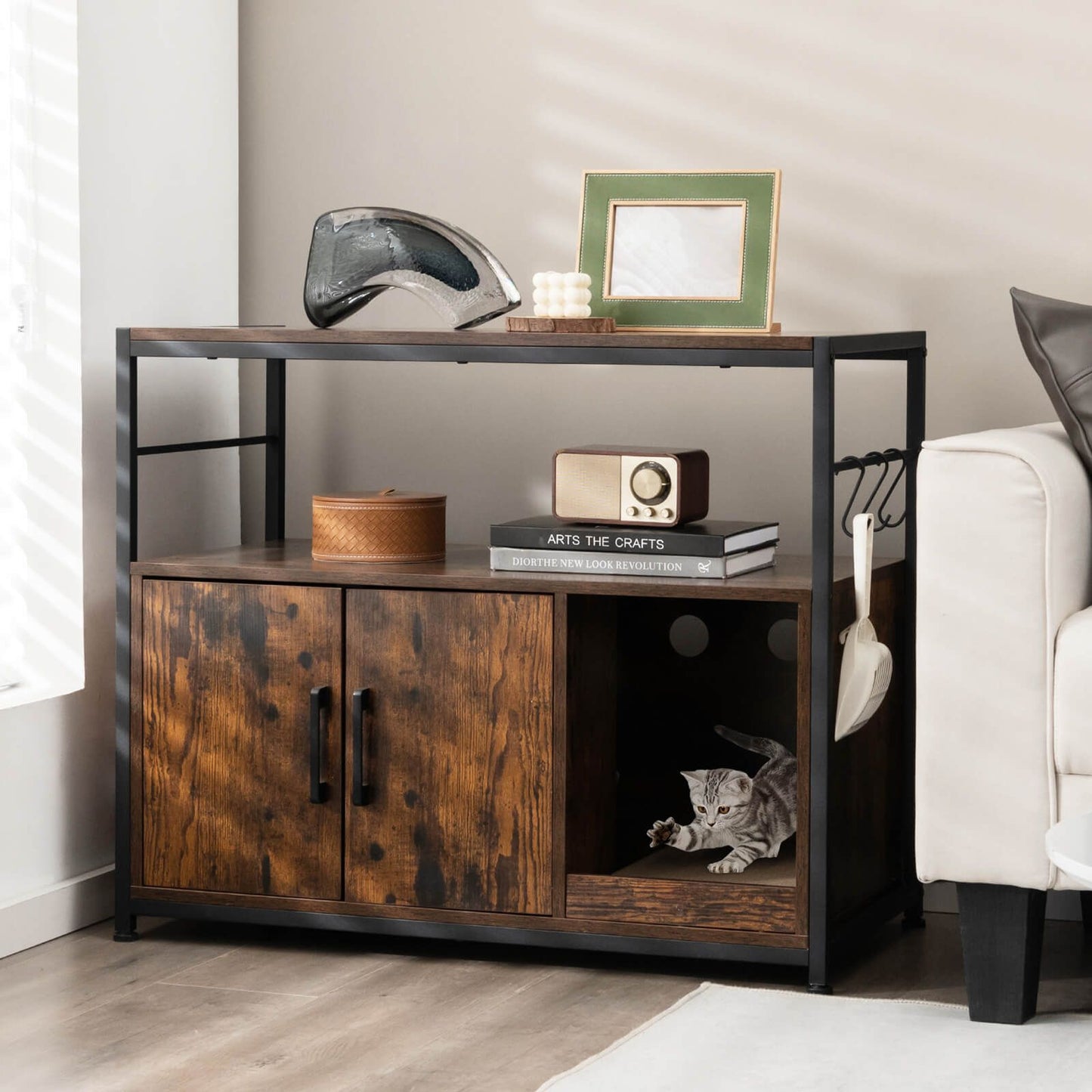 Cat Litter Box Enclosure with Scratching Pad and 2 Shelves