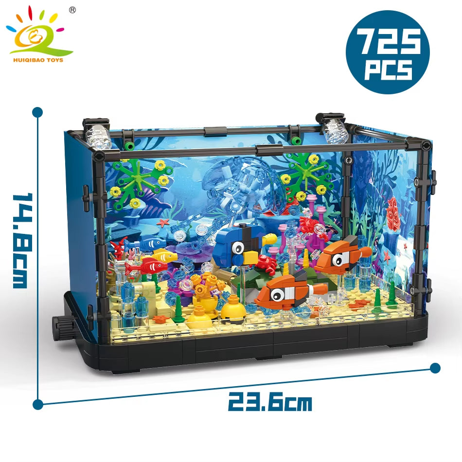 HUIQIBAO MOC Fishbowl Aquarium Building Blocks Sea Turtle Fish Tank with Light Bricks City Construction Toys for Children Kids