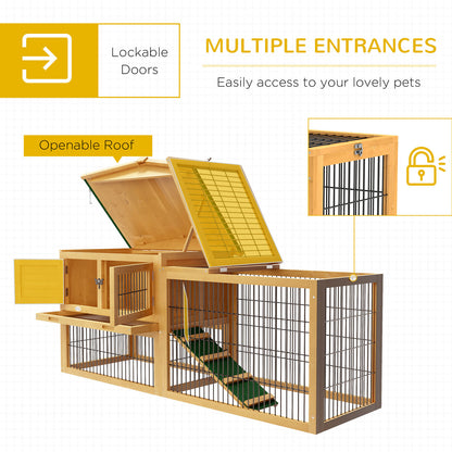 Pawhut Wooden Rabbit Hutch with Run, Asphalt Roof, Pull-Out Tray, Ramp, Yellow