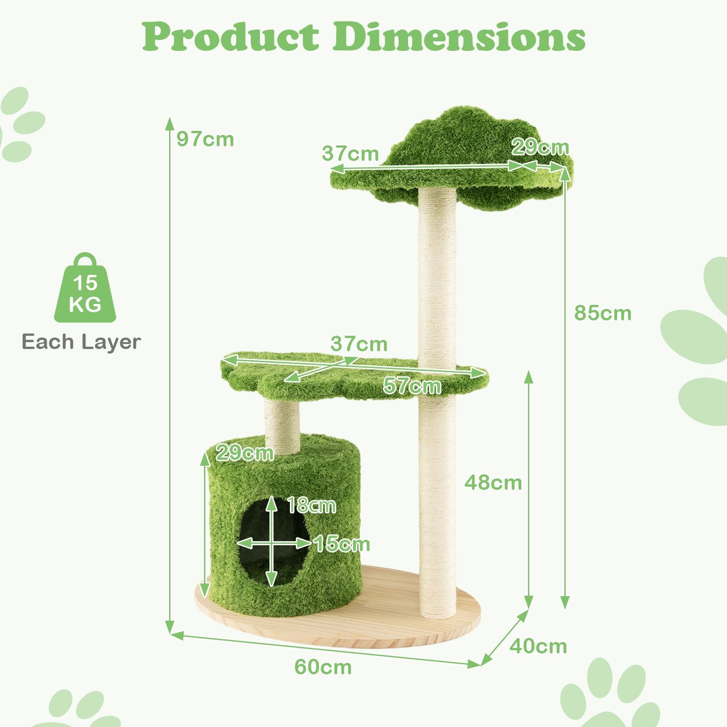 97 Cm Cute Cat Tree with Fully Wrapped Sisal Scratching Posts