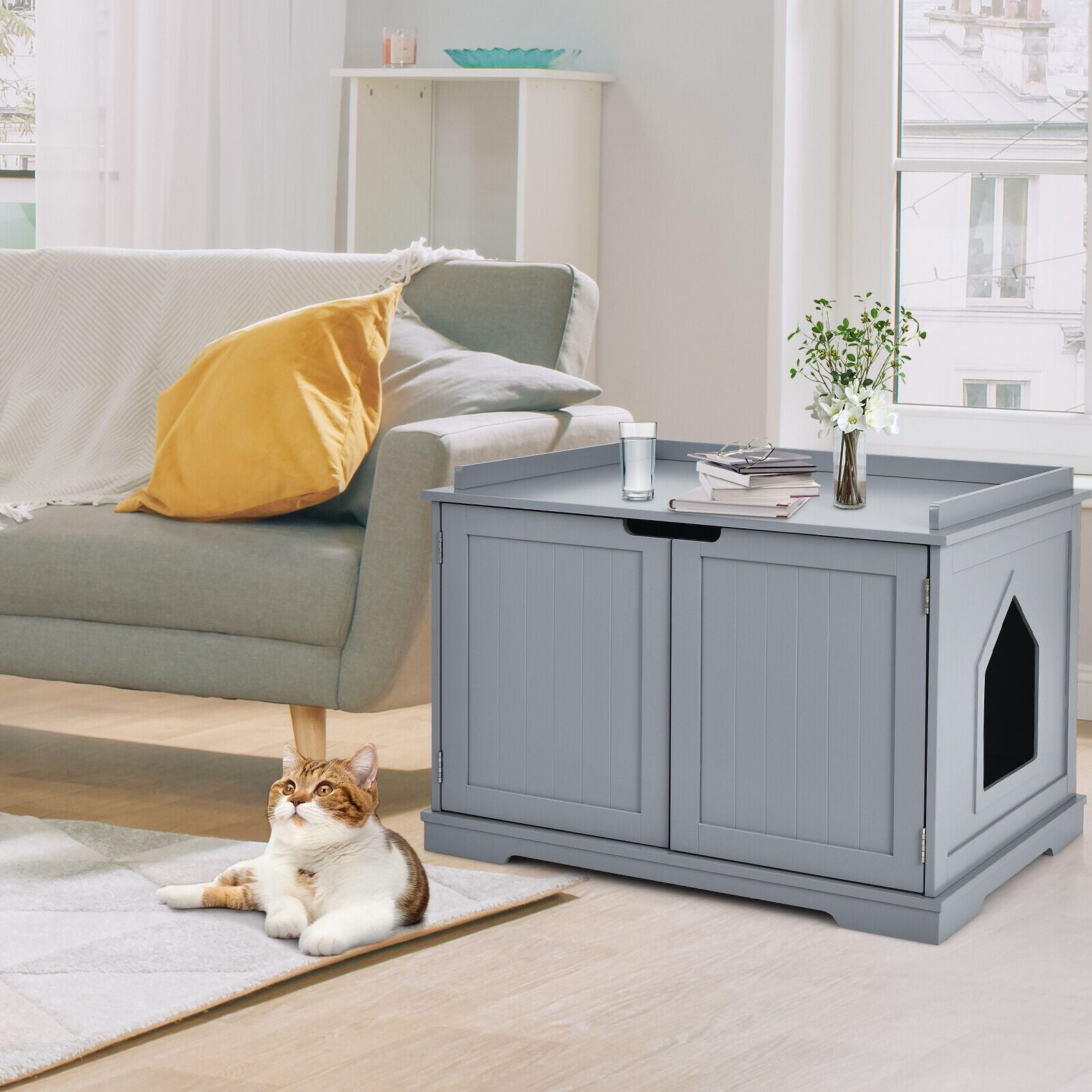 Large Cat Litter Box with Double Doors and Removable Divider