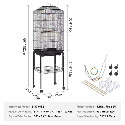 60 Inch Bird Aviary Flight Pet Bird Cage Metal with Rolling Stand and Hanging Toys for Cockatiels Parrots Pigeons Parakeet