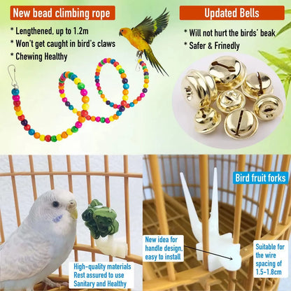 15 Pcs Bird Cage Toys for Parrots Wood Training Swing Suspension Bridge Ball Cage Bells Chewing Climbing Toy Bird Accessories