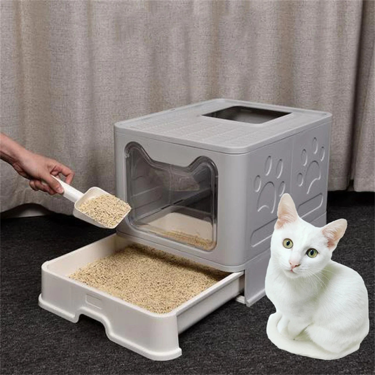 Bingopaw XXL Large Space Foldable Cat Litter Box with Front Entry & Top Exit with Tray