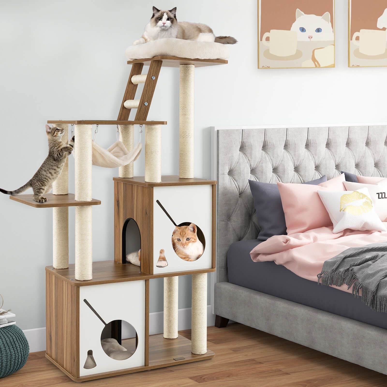 145Cm Cat Tree Tower Multi-Level with Scratching Posts and 2 Condos