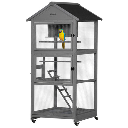 Bird Cage, Wooden Rolling Bird Aviary with Wheel, Perch, Nest, Ladder, Tray