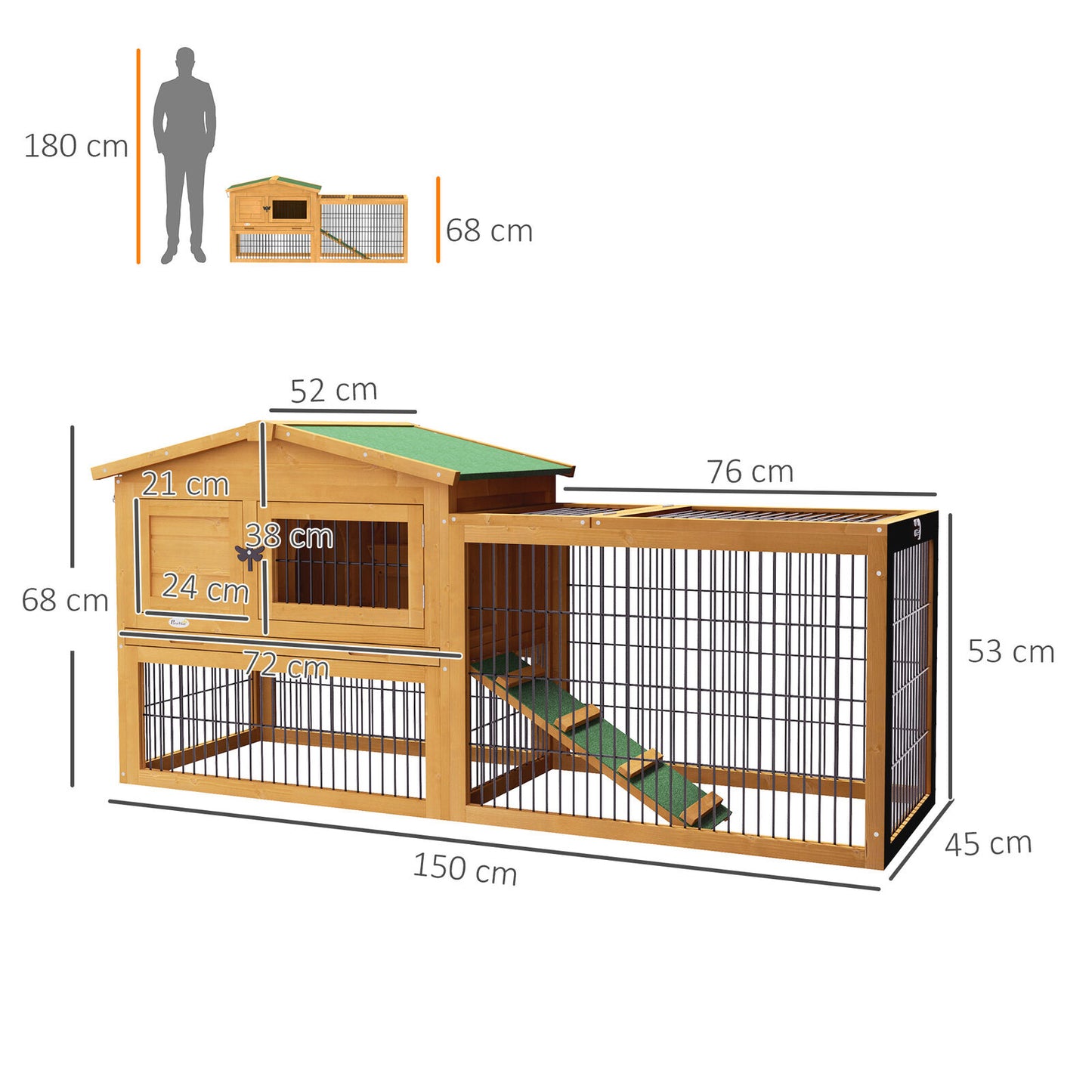 Pawhut Wooden Rabbit Hutch with Run, Asphalt Roof, Pull-Out Tray, Ramp, Yellow