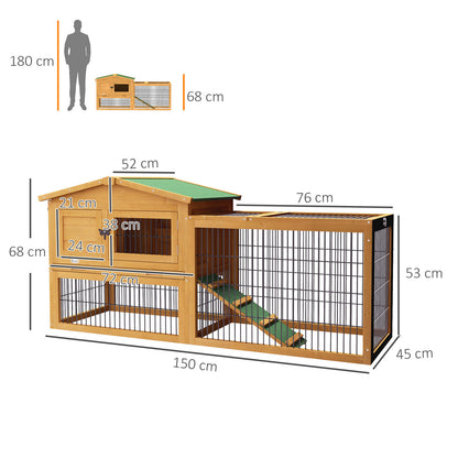 Pawhut Wooden Rabbit Hutch with Run, Asphalt Roof, Pull-Out Tray, Ramp, Yellow