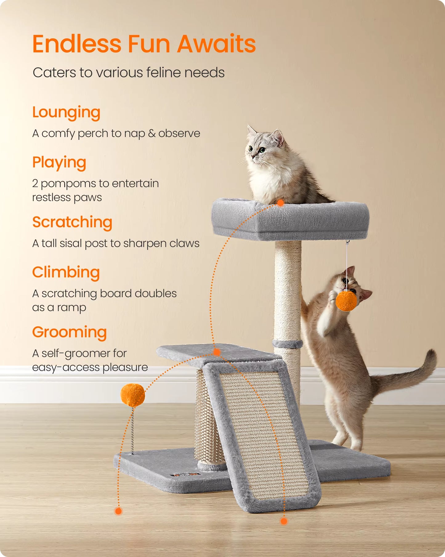 Cat Scratching Post with Bed, Multifunctional Cat Scratcher with Rotatable Scratching Ramp, Perch, Self-Groomer