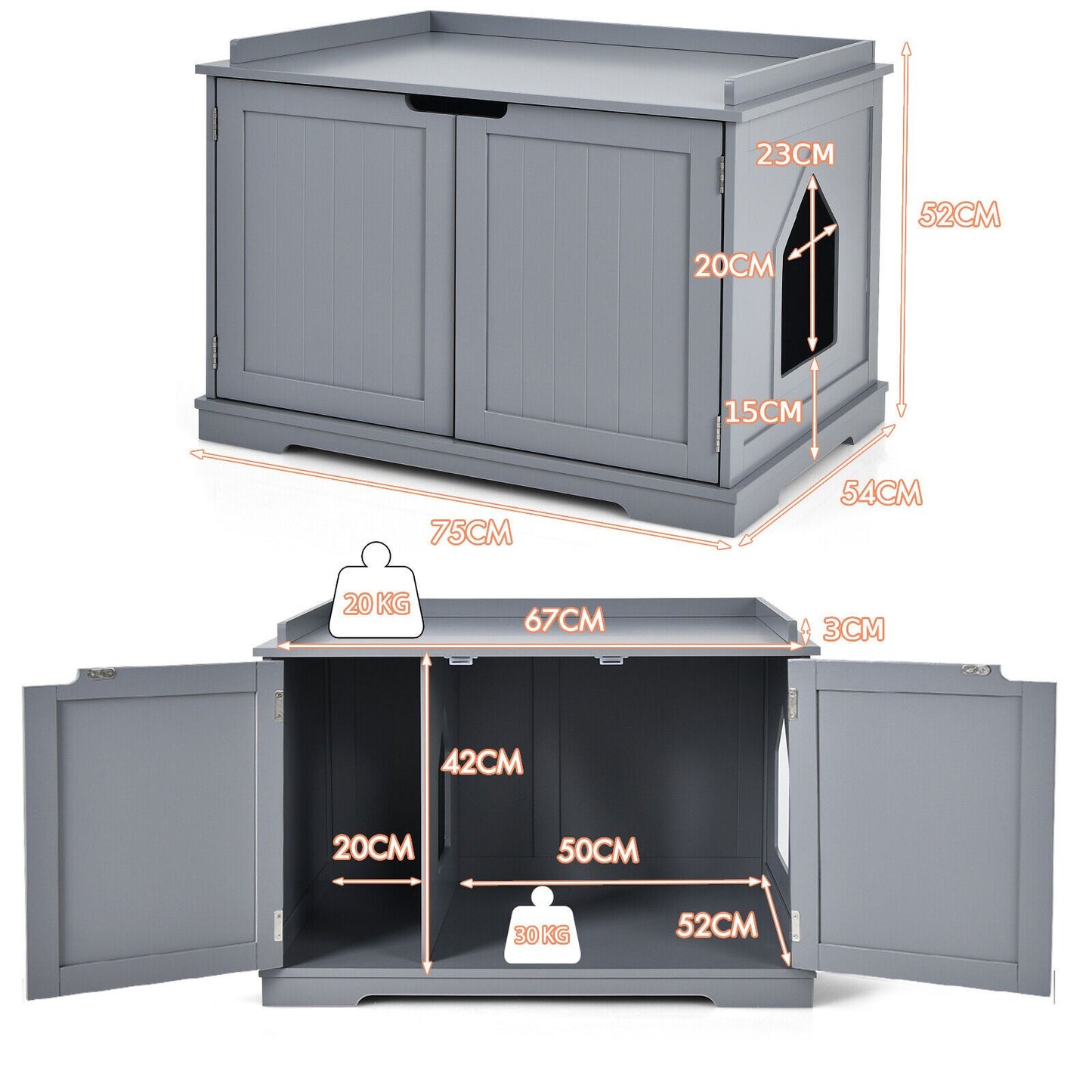 Large Cat Litter Box with Double Doors and Removable Divider