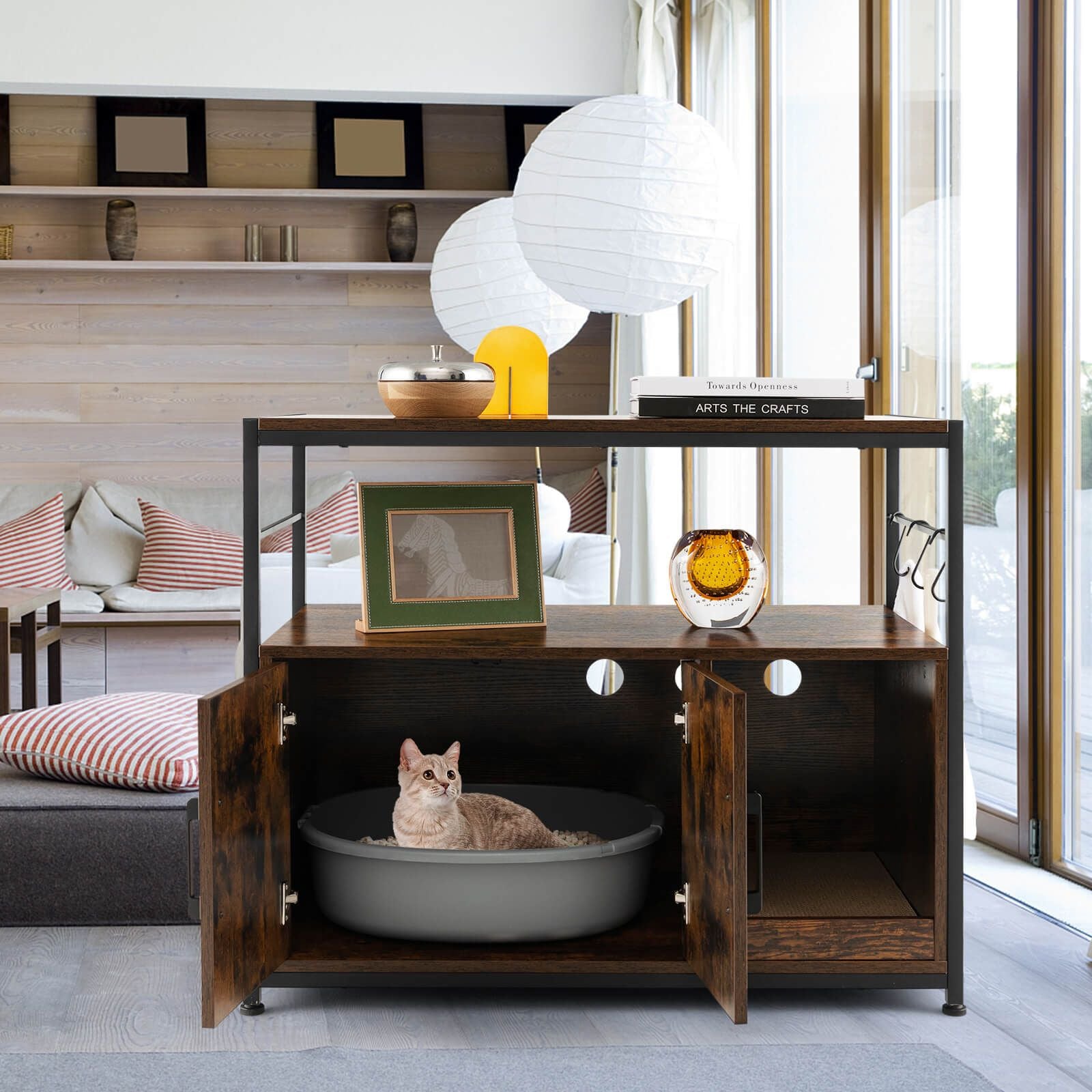 Cat Litter Box Enclosure with Scratching Pad and 2 Shelves