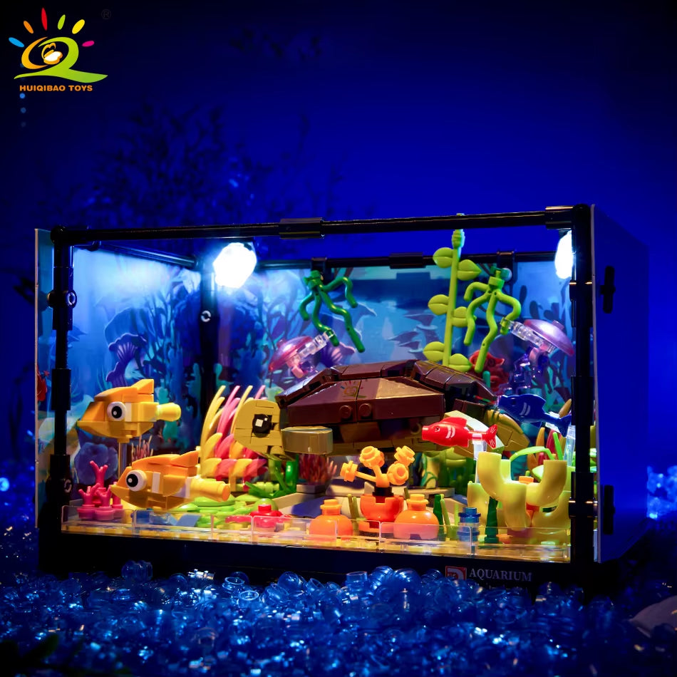 HUIQIBAO MOC Fishbowl Aquarium Building Blocks Sea Turtle Fish Tank with Light Bricks City Construction Toys for Children Kids